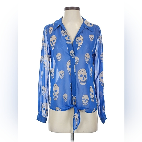 Vintage Havana Tops - Vintage Havana Blue Skull Print Sheer Chiffon Tie Front Blouse Small